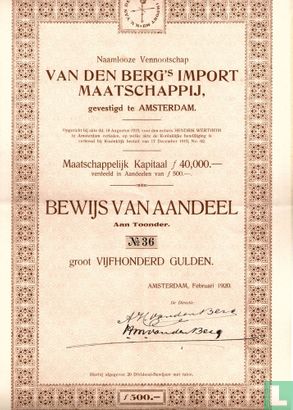 Van den Berg's Import Maatschappij, Aandeel f 500,=, 1920 - Image 1