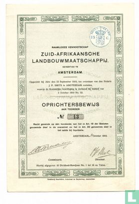 Zuid-Afrikaansche Landbouwmaatschappij, Oprichtersbewijs, 1910