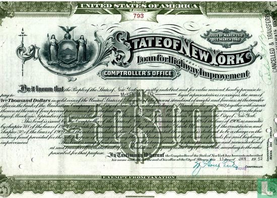 State of New York, Loan for Highway Improvement, $ 5.000,=, Issue of March 1912