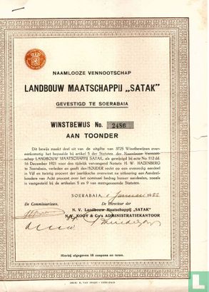 Landbouw Maatschappij "Satak", Winstbewijs aan toonder, 1922