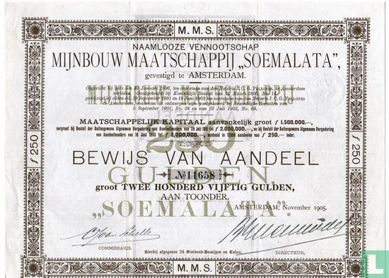 Mijnbouw Maatschappij "Soemalata", Bewijs van aandeel, 250 Gulden, 1905