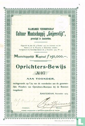 Cultuur Maatschappij "Geijersvlijt", Oprichters-Bewijs, 1903
