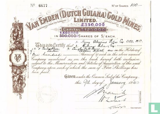 Van Emden (Dutch Guiana) Gold Mines, Share certificate, 1940