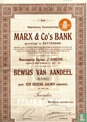 Marx & Co's Bank, Bewijs van aandeel, 1.000 Gulden, 1916