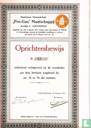 Pro-Gas Maatschappij, Oprichtersbewijs, 1913