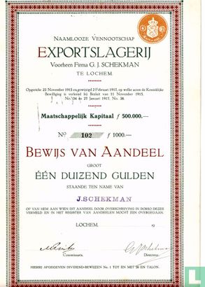 Exportslagerij voorheen Firma G.J. Schekman, Bewijs van aandeel, 1.000 Gulden