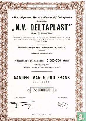N.V. Algemeene Kunststoffenbedrijf "Deltaplast", Aandeel van 5.000 Frank, 
