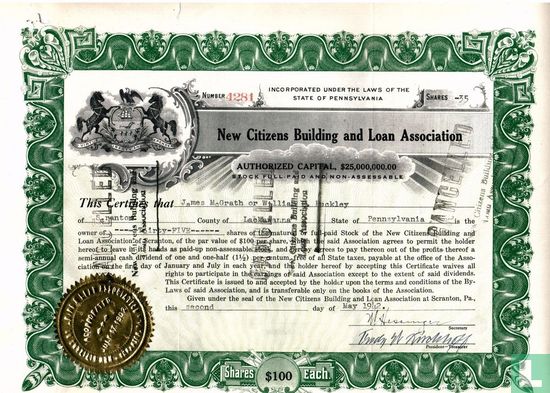 New Citizens Building and Loan Association, Share certificate, 1942