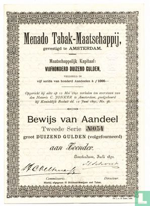 Menado Tabak-Maatschappij, Bewijs van Aandeel f 1.000,=, 1891