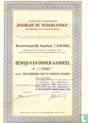 Dagblad de Nederlander, Bewijs van onder-aandeel 125 Gulden, 1920