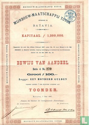 Mijnbouw-Maatschappij Totok, Bewijs van aandeel, 100 Gulden, 1897