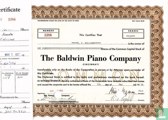 The Baldwin Piano Company, Share Certificate, 1956