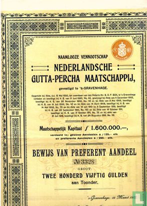 Nederlandsche Gutta-Percha Maatschappij, Bewijs van Preferent aandeel, 250 Gulden, 1917