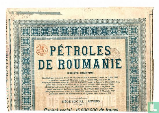 Petroles de Roumanie, Action de Capitale de 100 Fr.,  - Afbeelding 1