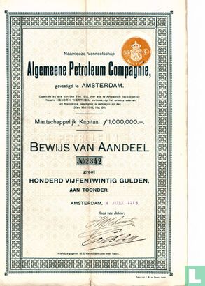 Algemeene Petroleum Compagnie, Bewijs van aandeel 125 Gulden, 1913