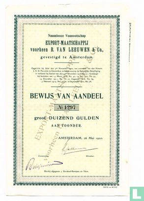 Export-maatschappij voorheen B. van Leeuwen & Co., Bewijs van aandeel, 1.000 Gulden, 1920
