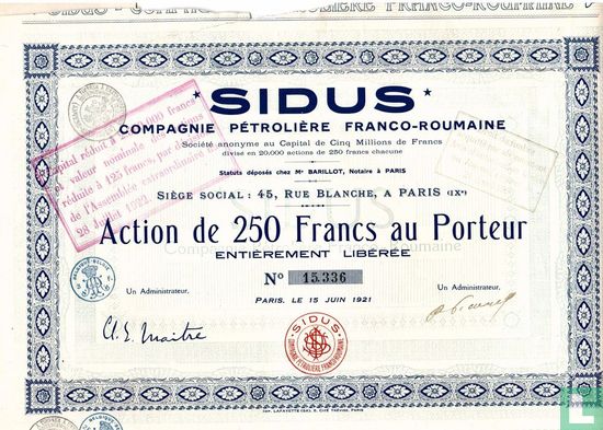 SIDUS, Compagnie Petroliere Franco-Roumaine, Action de 250 Francs au Porteur, 1921