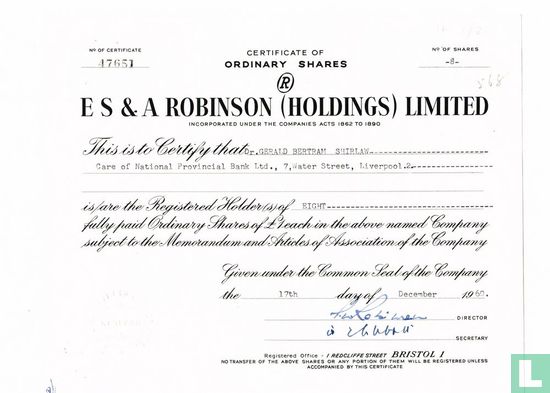E, S and A Robinson (Holdings) Limited, bewijs van acht aandelen van 1 pond, 1960