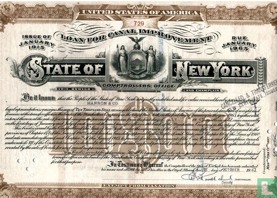 State of New York, Loan for Canal Improvement, $ 10.000, Issue of January 1915