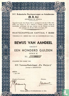 Brabantsche Buurtspoorwegen en Autodiensten, Bewijs van aandeel 100 gulden, 1937