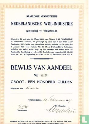 Nederlandsche Wol-Industrie, Bewijs van aandeel 100 Gulden, 1927