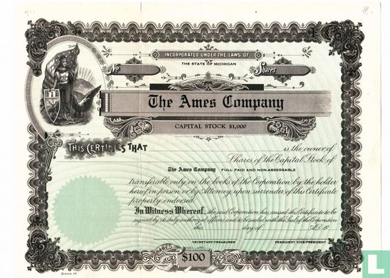 The Ames Company, Share certificate, blankette