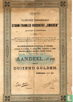 Stoom-trawler Visscherij "IJmuiden", aandeel Duizend Gulden, 1898