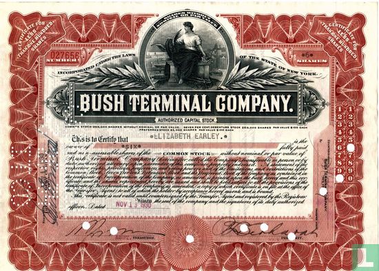 Bush Terminal Company, Certificate for less than 100 shares, 1930