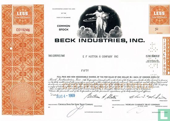 Beck Industries Inc, Certificate less than 100 shares, 1969