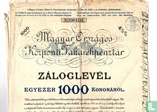 Magyar Orszagos Kozponti Takarekpenztar, Pandbrief 1000 kronen, 1910 - Bild 1