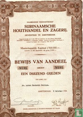 Surinaamsche Houthandel en Zagerij, Bewijs van Aandeel 1.000 Gulden, 1928