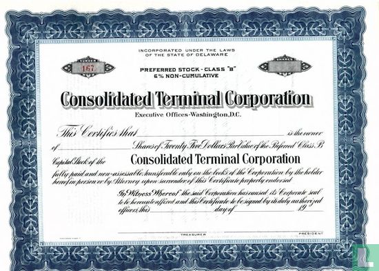 Consolidated Terminal Corporation, Preferred stock certificate, blankette