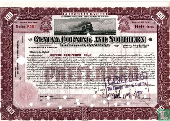 Geneva, Corning and Southern Railroad Company, Certificate 100 shares, $ 100,= each, Preferred Stock, blankette