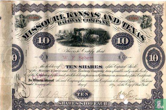 Missouri, Kansas and Texas Railway Company, Certificate 10 shares Capital Stock, 1890