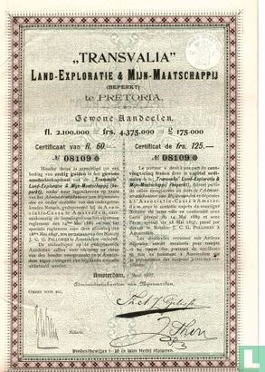Transvalia, Land-exploratie & Mijn-Maatschappij, Certificaat van gewone aandelen, f 60,=, 1897
