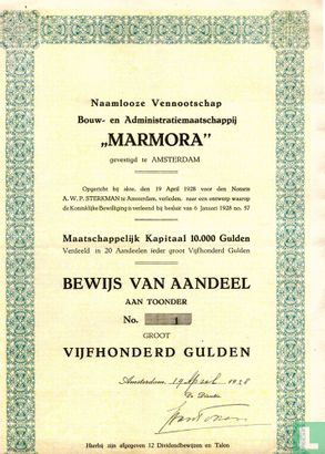 Bouw- en Administratiemaatschappij "Marmora", Bewijs van aandeel 500 gulden, 1928