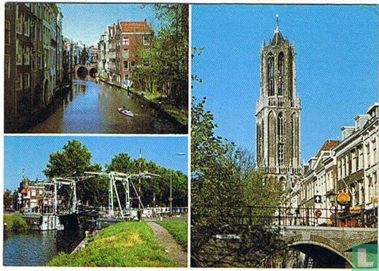 Utrecht, Holland, Oudegracht vanaf Gaardbrug, Abel Tasmanbrug, Domtoren (112m) hoogste kertoren van Nederland, gebouwd van 1321-1382