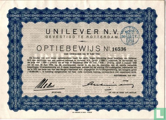 Unilever N.V., Optiebewijs, 1937