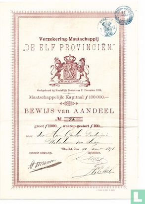 Verzekering-Maatschappij "De Elf Provinciën", Bewijs van Aandeel f 1000,=, 1895