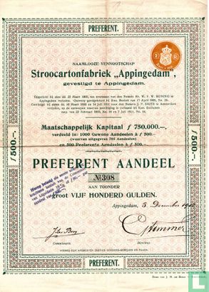 Stroocartonfabriek "Appingedam", Preferent Aandeel 500 Gulden, 1912, 