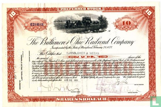 The Baltimore and Ohio Railroad Company, Certificate 10 shares Preferred Stock, 1920