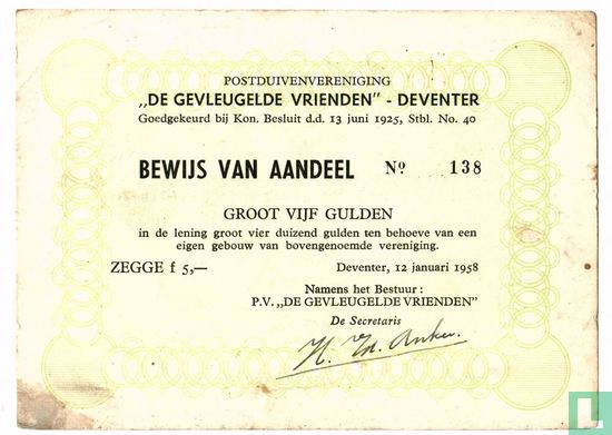 Postduivenvereniging "De gevleugelde vrienden", Aandeel vijf gulden, 1958 - Image 1