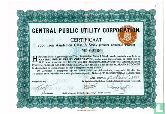 Central Public Utility Corporation, Certificaat 10 Aandelen Class A Stock, 1933