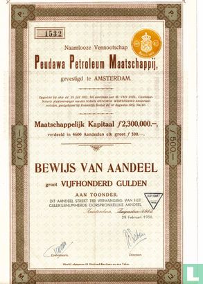 Peudawa Petroleum Maatschappij, Bewijs van aandeel, 500 Gulden, 1912