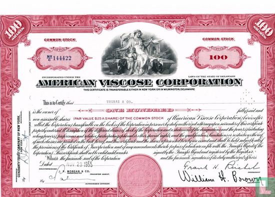 American Viscose Corporation, Certificate of common stock 100 shares