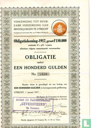 Vereeniging tot duurzame verzorging van minderjarigen te Utrecht, Obligatie 100 Gulden, 1917