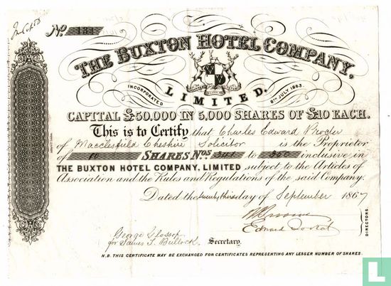 The Buxton Hotel Company, Certificate of 10 shares, 1867