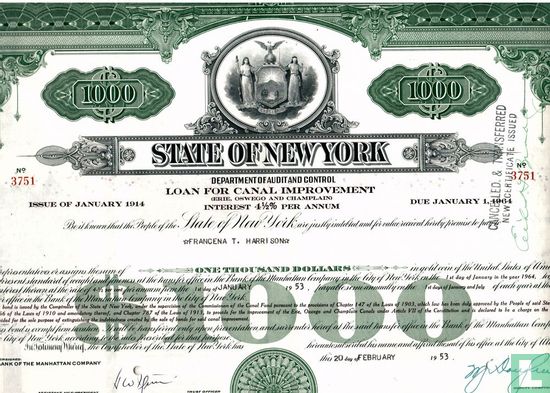 State of New York, Loan for Canal Improvement, $ 1.000,=, Issue of January 1914
