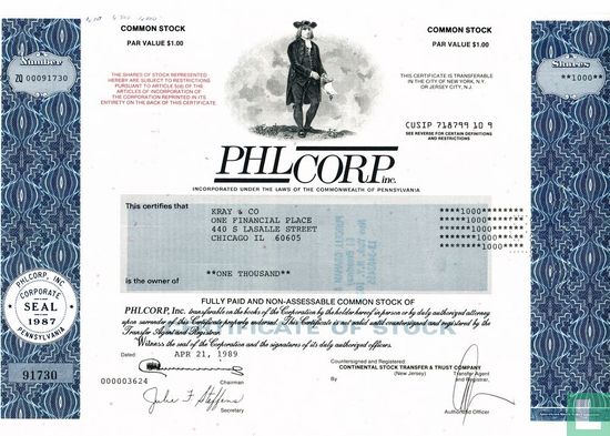 PHL Corp, Certificate of Stock, 1989