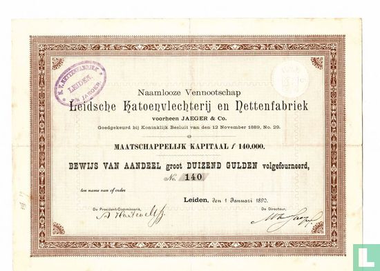 Leidsche Katoenvlechterij en Nettenfabriek, Bewijs van aandeel f 1.000,=, 1890